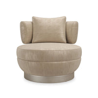 Celeste Lounge Chair, shown in beige and taupe with fabric, metal, and a swivel base.