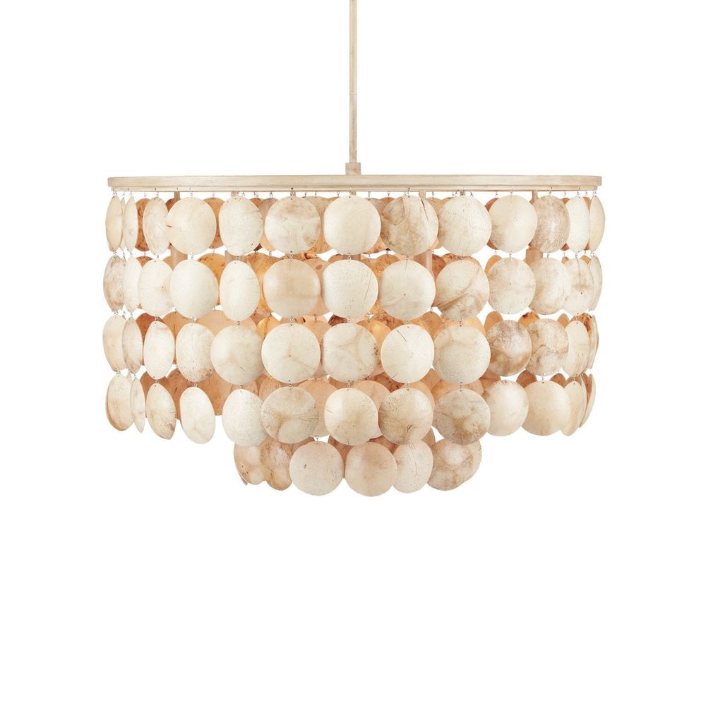 Buko Coco Cream Chandelier, shown in cream and ivory with coconut shell, wrought iron, and ceiling-hung pendant stem.