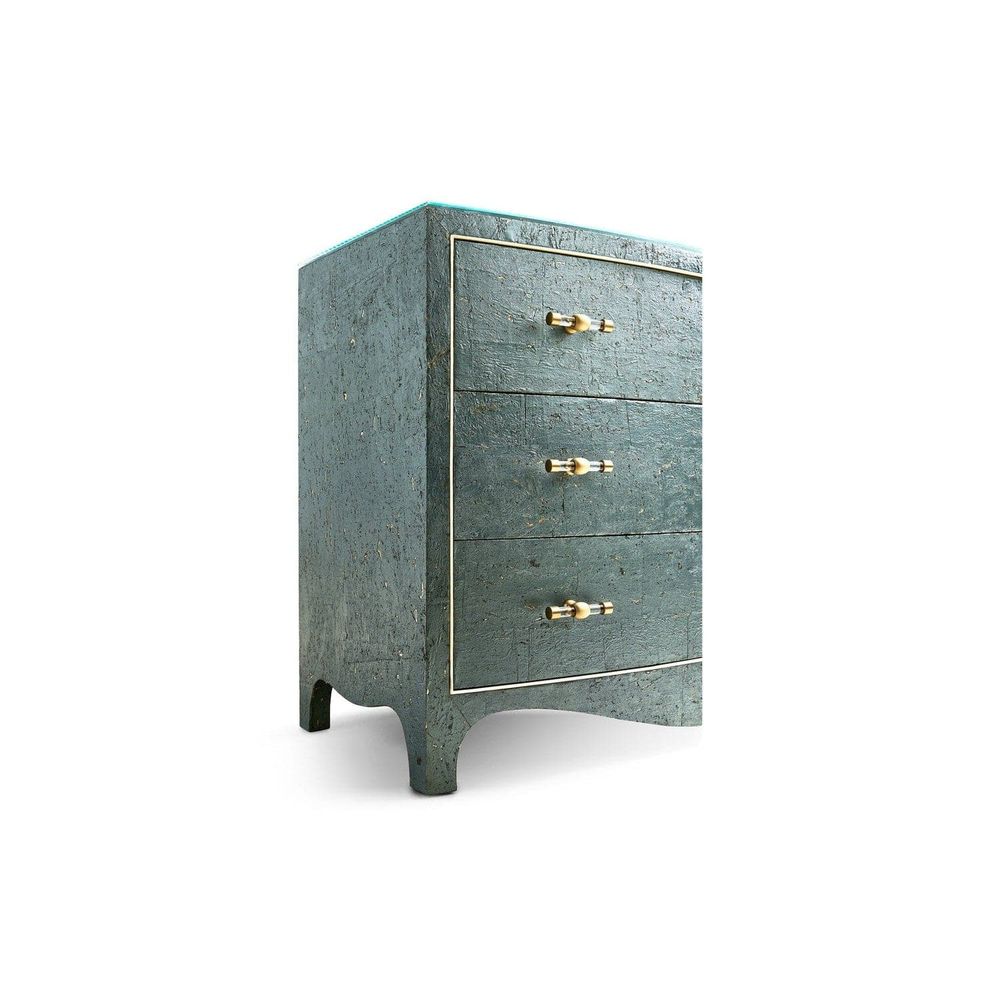 Additional view of Suberin Cork Bow Front Chest, featuring antiqued/distressed, cork, glass, and three full-width drawers.