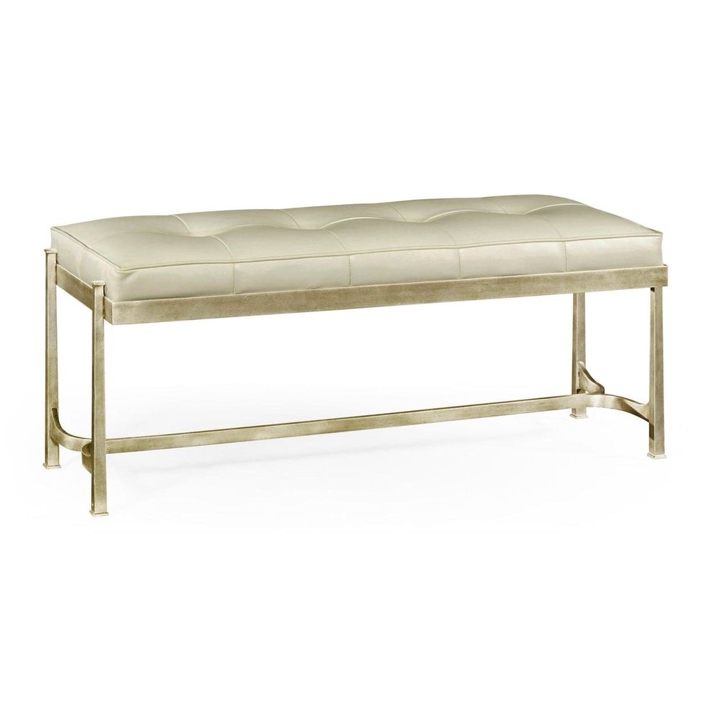 Alternate view of Iron & Cream Leather Bench, featuring button-tufted finish, leather, iron, and a backless seat.