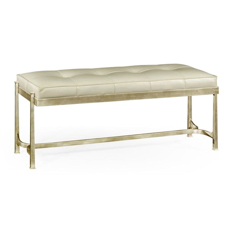 Alternate view of Iron & Cream Leather Bench, featuring button-tufted finish, leather, iron, and a backless seat.
