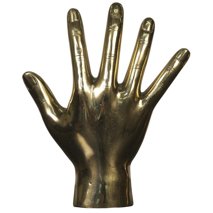 Alternate view of Open Hand, featuring polished finish, brass, metal, and a freestanding weighted base.