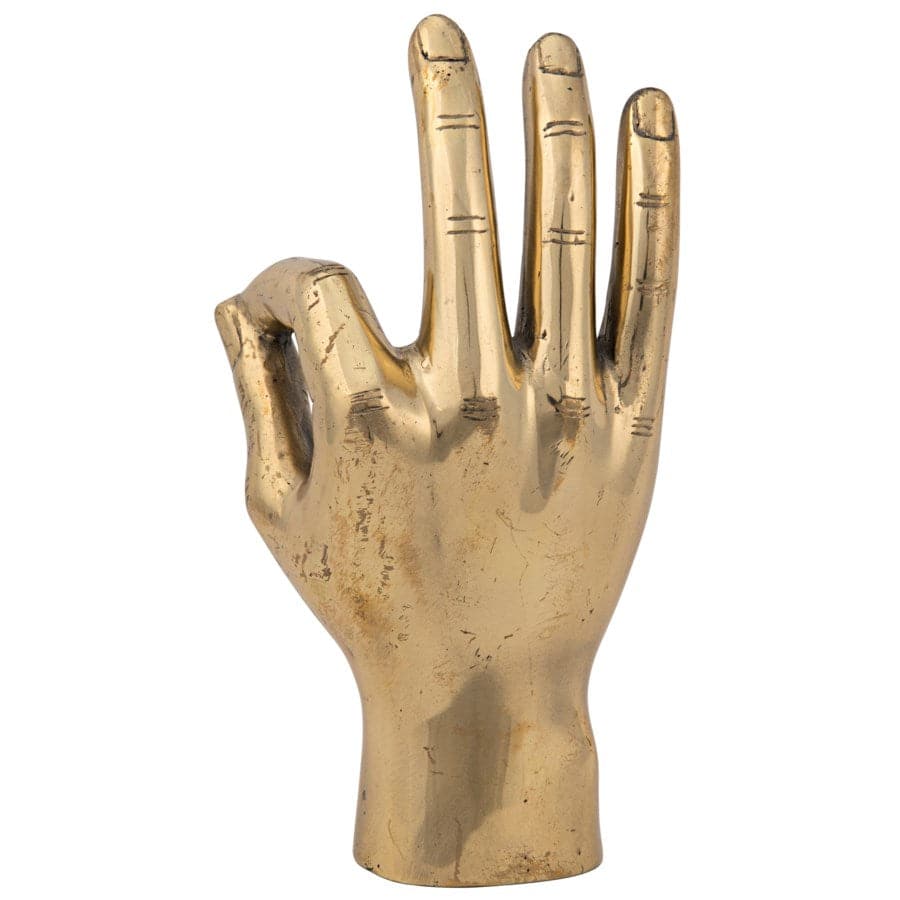 Ok Sign, shown in antique brass gold with brass, metal, and a self-standing flat base.