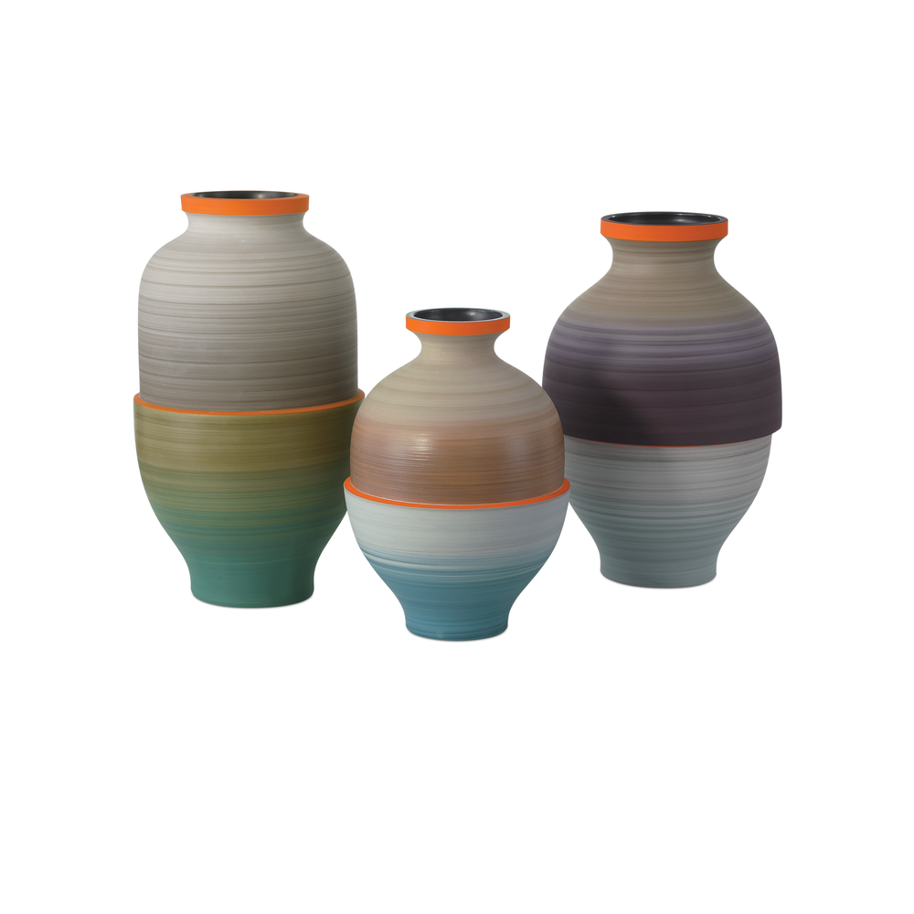 Happy 80's Gray, Beige, Orange & Blue Vase Set of 3, shown in taupe and sage green with porcelain and ceramic.
