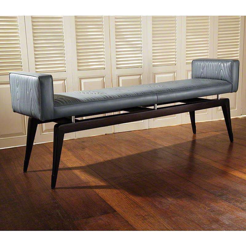 Faux Bois City Bench, shown in slate gray and charcoal black with leather and wood.