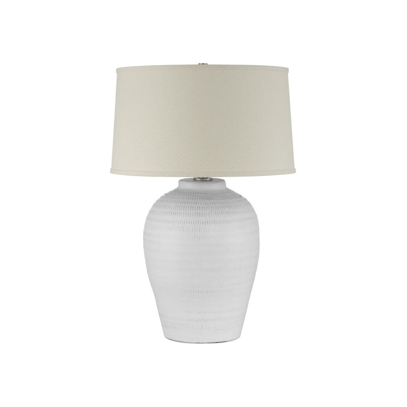 Dashwell White Table Lamp, shown in white and ivory with ceramic, fabric, and a table lamp base.