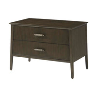 Lido Nightstand II, shown in dark brown with prima vera wood, metal, and three drawers.