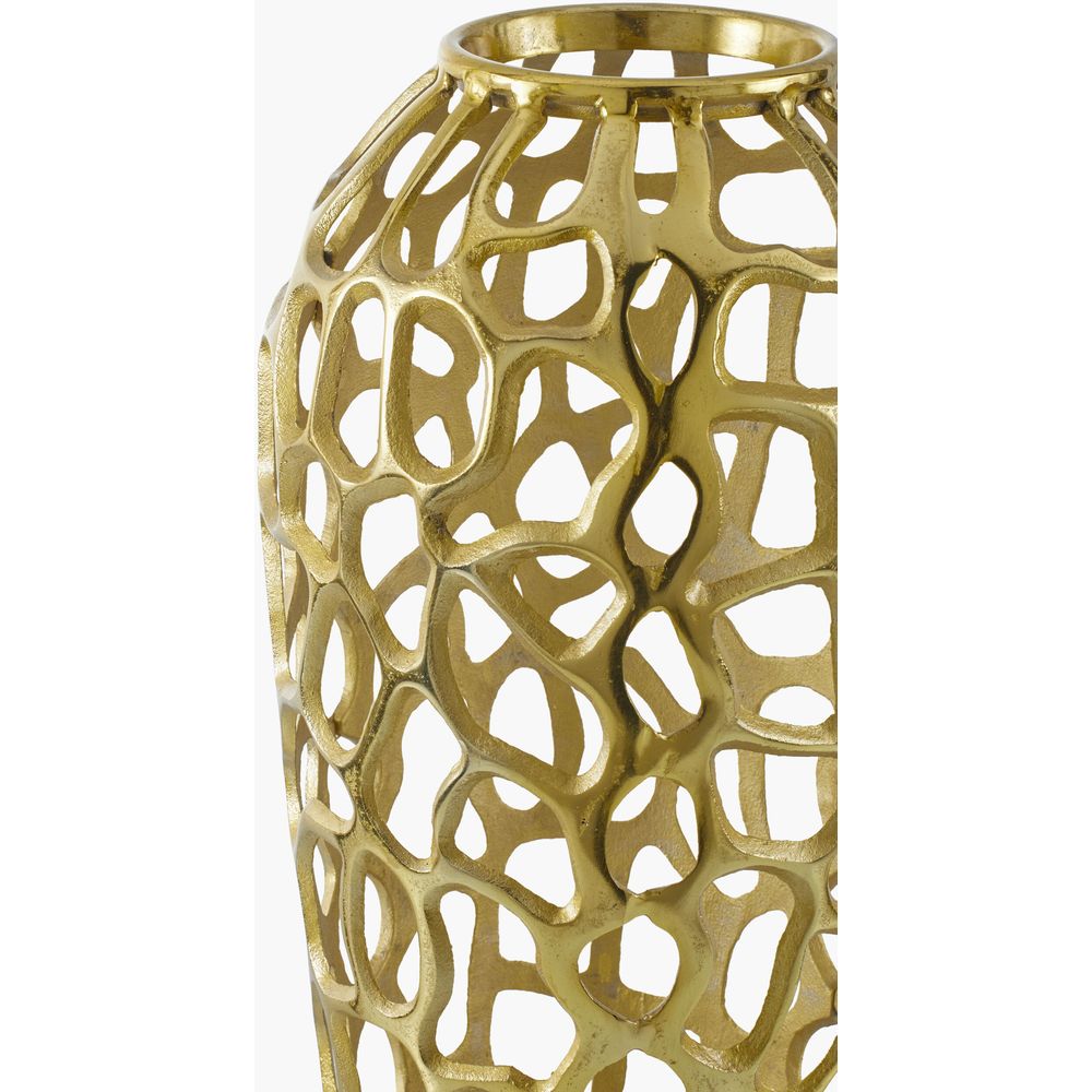 Alternate view of Angad Vase, featuring brushed metallic finish, metal, and open lattice body.