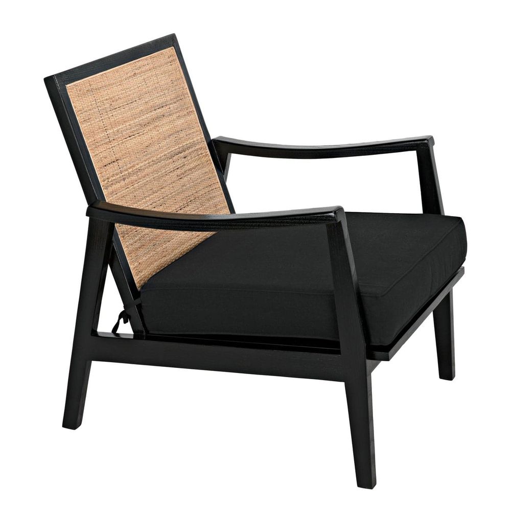 Additional view of Lichtenstein Chair, featuring upholstered fabric cushion, wood, cane, and fixed open arms.