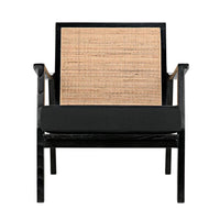Lichtenstein Chair, shown in charcoal black and natural cane beige with wood, cane, and fixed open arms.