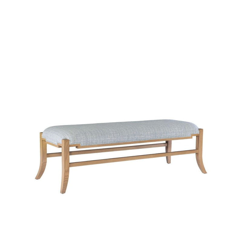 Melanie Blonde Bench, Greenlight Powder, shown in light blue-gray and blonde natural wood with ash wood and woven fabric.