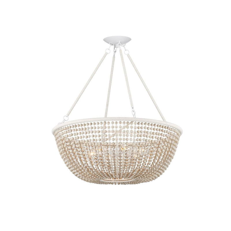 Wychwood Chandelier, shown in off-white and white with wood, wrought iron, and beaded light diffusion.