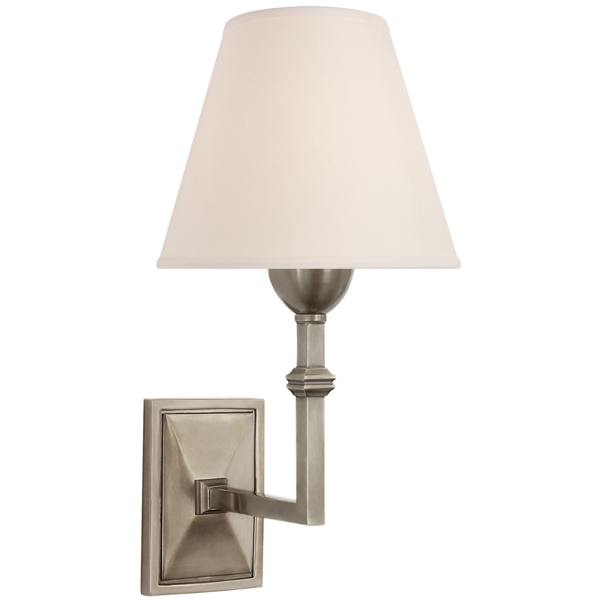Alternate view of Jally Wall Sconce, featuring antique nickel finish, metal, linen, and wall-mounting hardware.