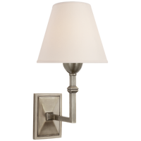 Alternate view of Jally Wall Sconce, featuring antique nickel finish, metal, linen, and wall-mounting hardware.