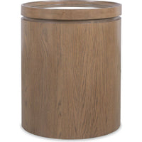 Additional view of Sonnet Round Side Table in medium brown and warm taupe, featuring matte finish and a inset glass top.