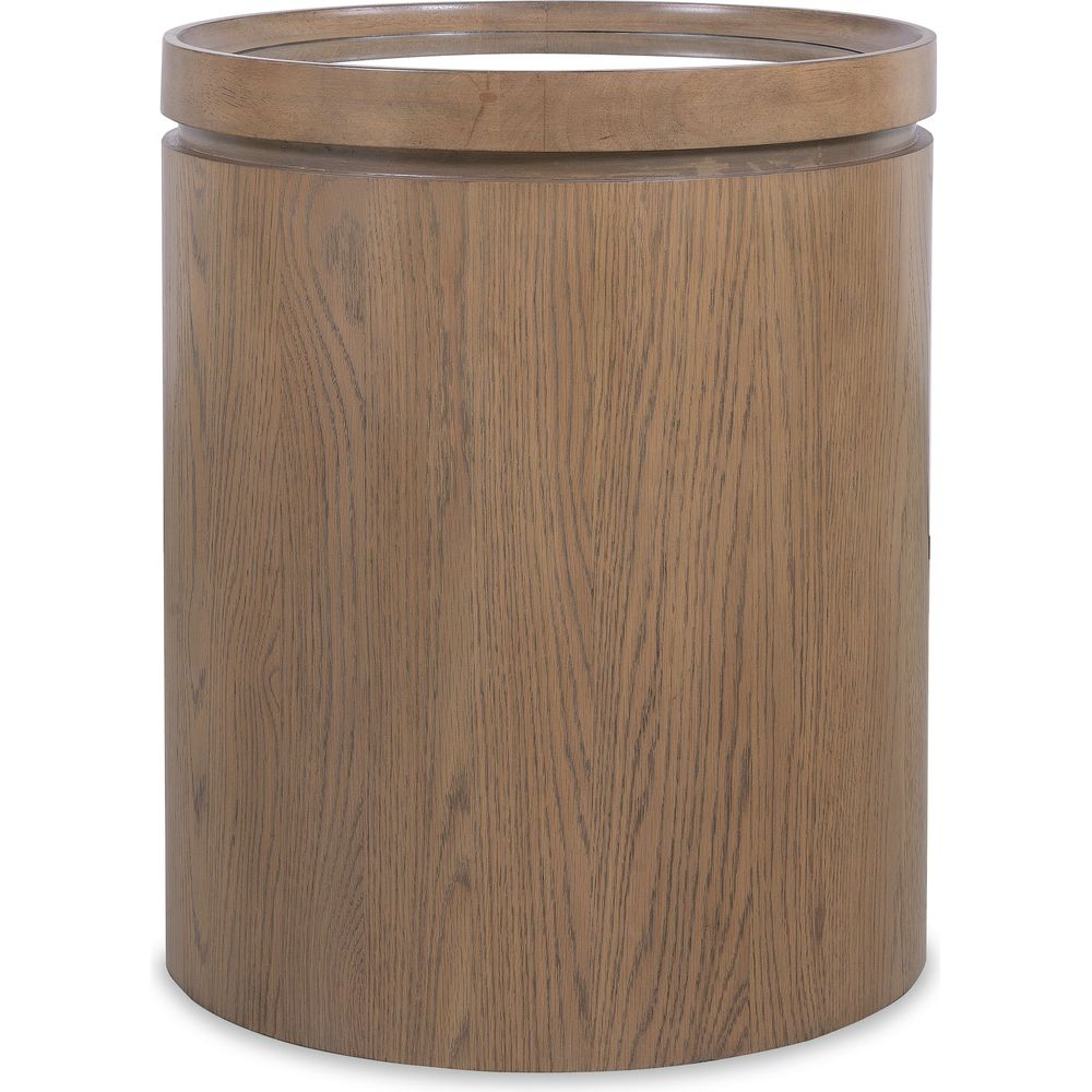 Sonnet Round Side Table, shown in medium brown and warm taupe with wood, glass, and a inset glass top.