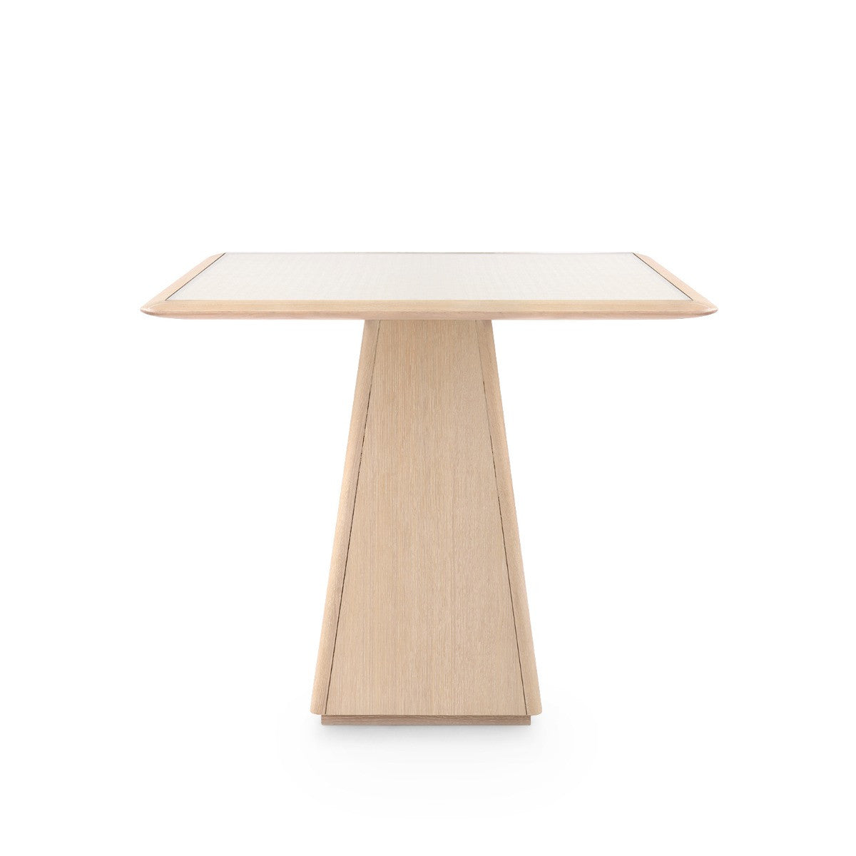 Alma Center/Dining Table, shown in light oak and natural with oak, cane, and a pedestal base.