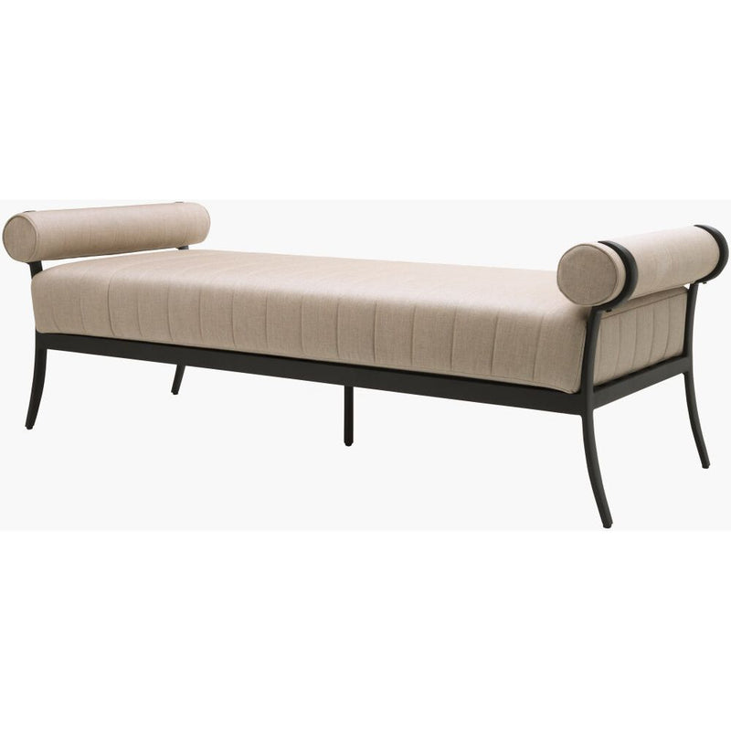 Alternate view of Antibes Bench, featuring textured woven upholstery, fabric, metal, and fixed cylindrical bolster arms.