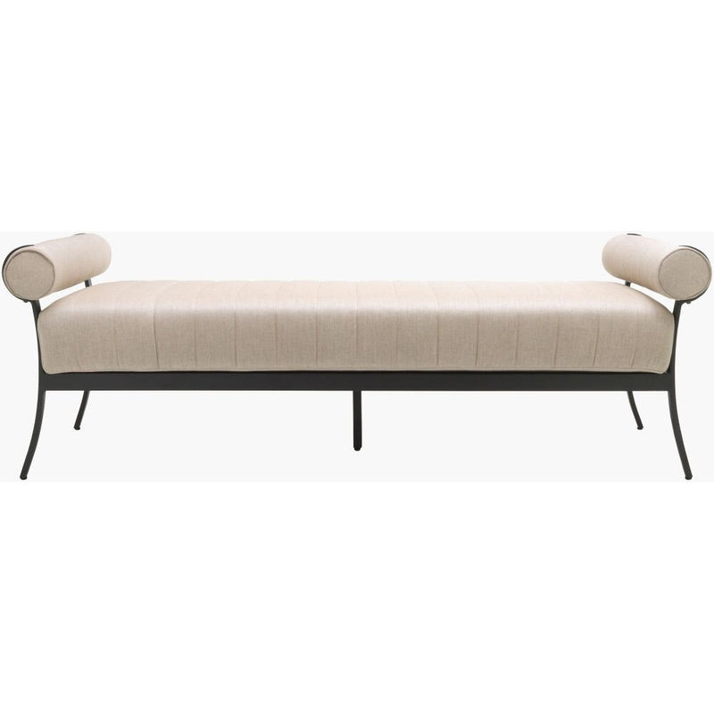 Antibes Bench, shown in beige and black with fabric, metal, and fixed cylindrical bolster arms.