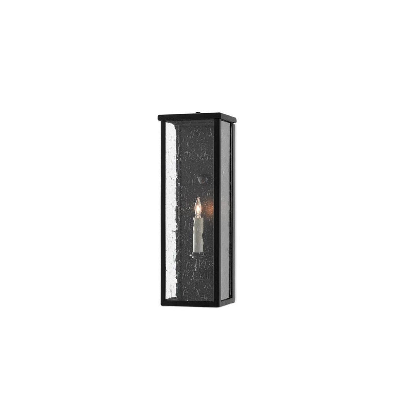 Tanzy Small Outdoor Wall Sconce, shown in black with wrought iron, seeded glass, and wall-mounting hardware.