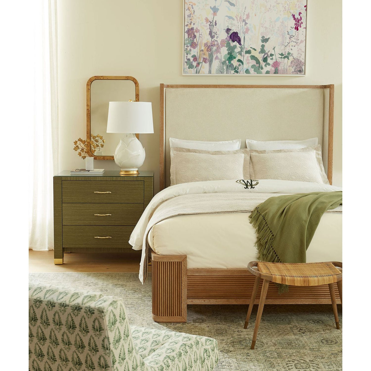 Alternate view of Atlas Bed, featuring soft glow oak, oak wood, fabric, and upholstered headboard.