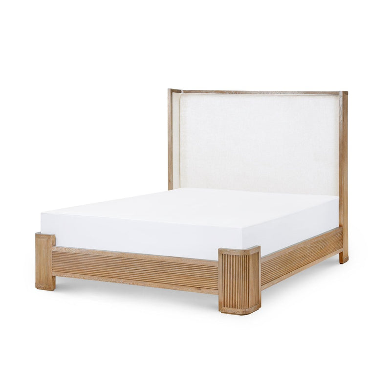Atlas Bed, shown in light oak and cream with oak wood, fabric, and upholstered headboard.