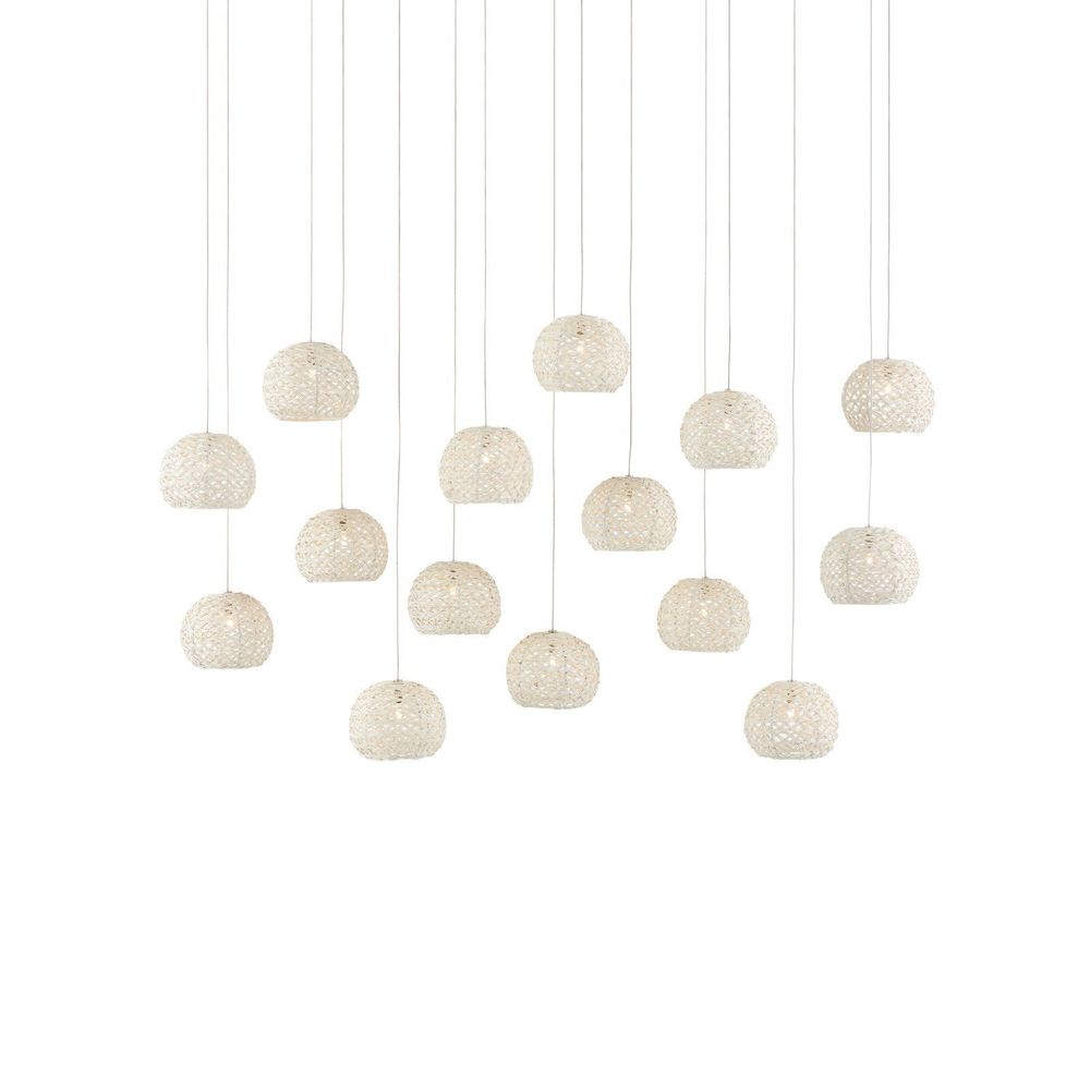 Piero White 15-Light Linear Multi-Drop Pendant, shown in white and off-white with woven metal and iron.