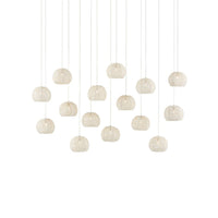 Piero White 15-Light Linear Multi-Drop Pendant, shown in white and off-white with woven metal and iron.