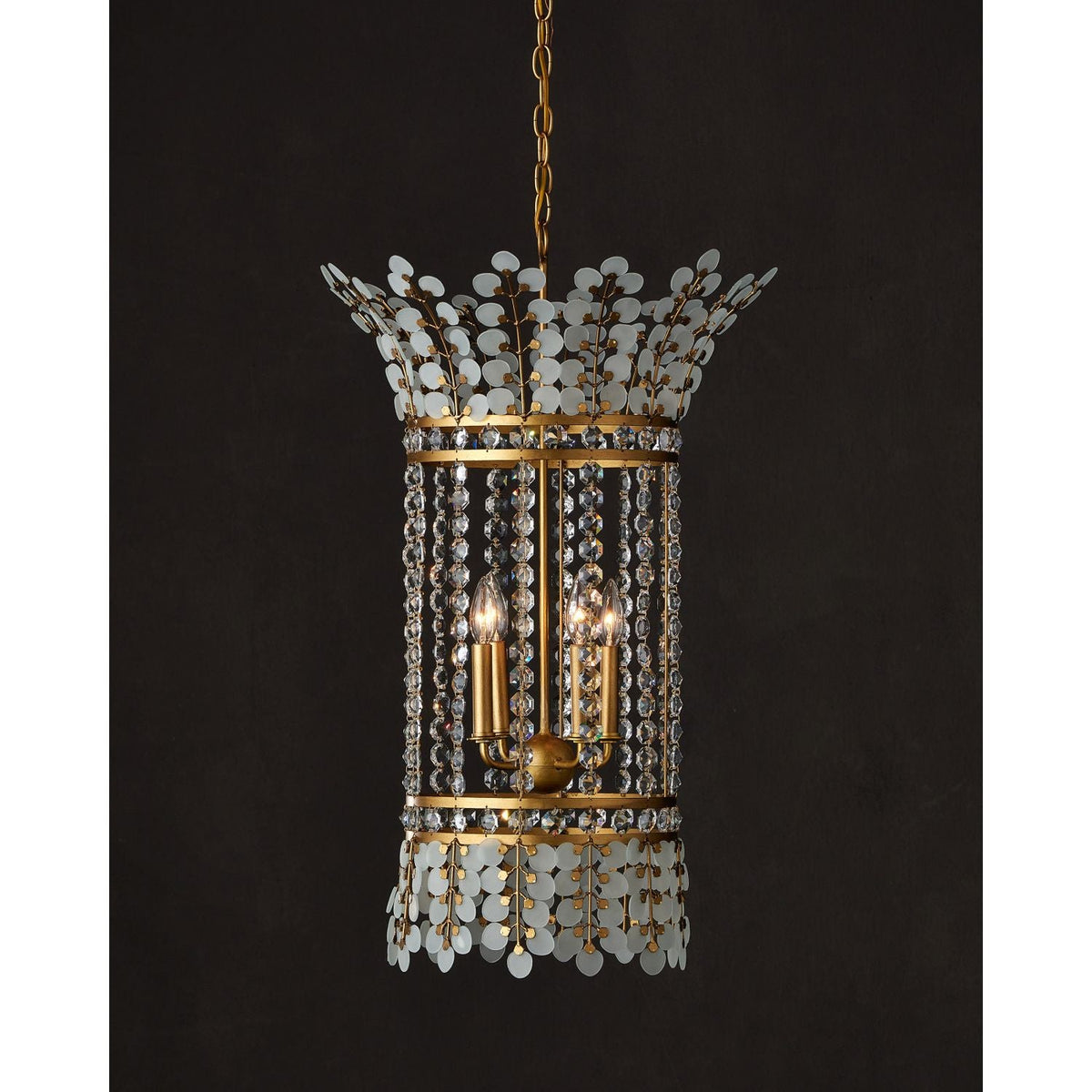 Additional view of Bradshaw Lantern, featuring frosted glass finish, wrought iron, crystal, and a chain-hung ceiling canopy.
