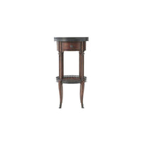 Alternate view of Walnut Circle Accent Table, featuring walnut wood, metal, and single front drawer with round knob.
