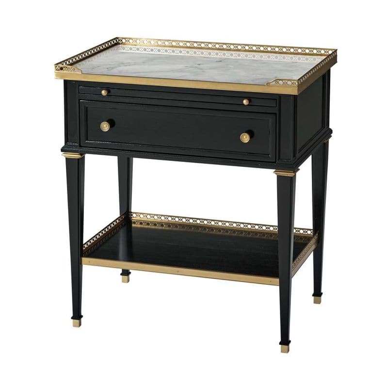 Matilde Nightstand, shown in black and white with marble, wood, and two drawers with round knobs.
