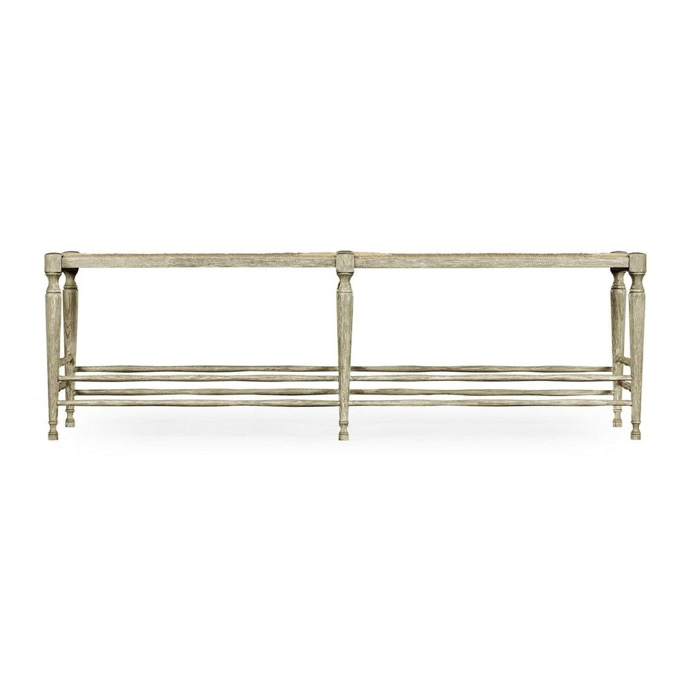 Alternate view of Bodiam Grey Oak Bench, featuring matte finish, oak wood, woven rush, and backless open seating.