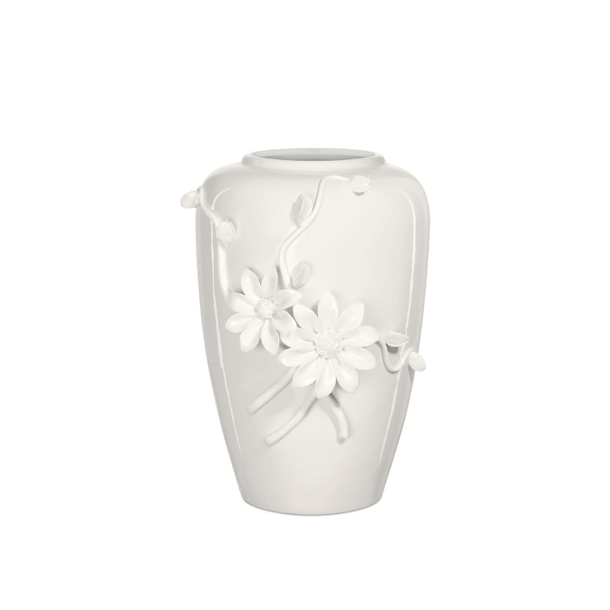 Daisy Maria Vase, shown in white with porcelain and open top vessel for stems or dried arrangements.