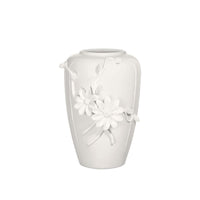 Daisy Maria Vase, shown in white with porcelain and open top vessel for stems or dried arrangements.