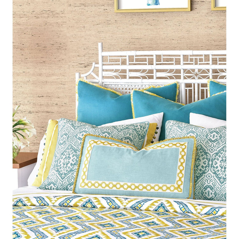 Alternate view of Villa Blanca Boxed Decorative Pillow in aqua and chartreuse.