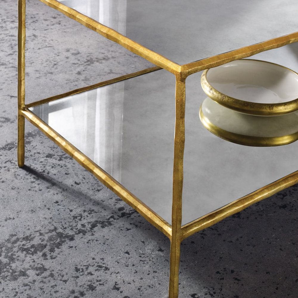 Alternate view of Organic Square Cocktail, featuring hammered finish, metal, glass, and two-tier open shelf storage.