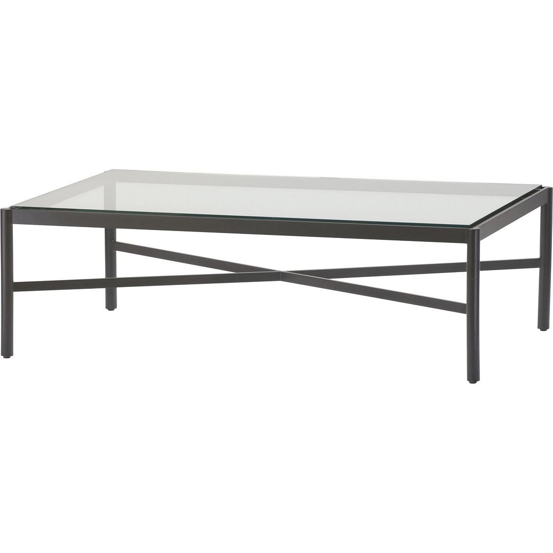 Alternate view of Outdoor Cocktail Table, featuring matte powder-coated, metal, glass, and rectangular glass tabletop.