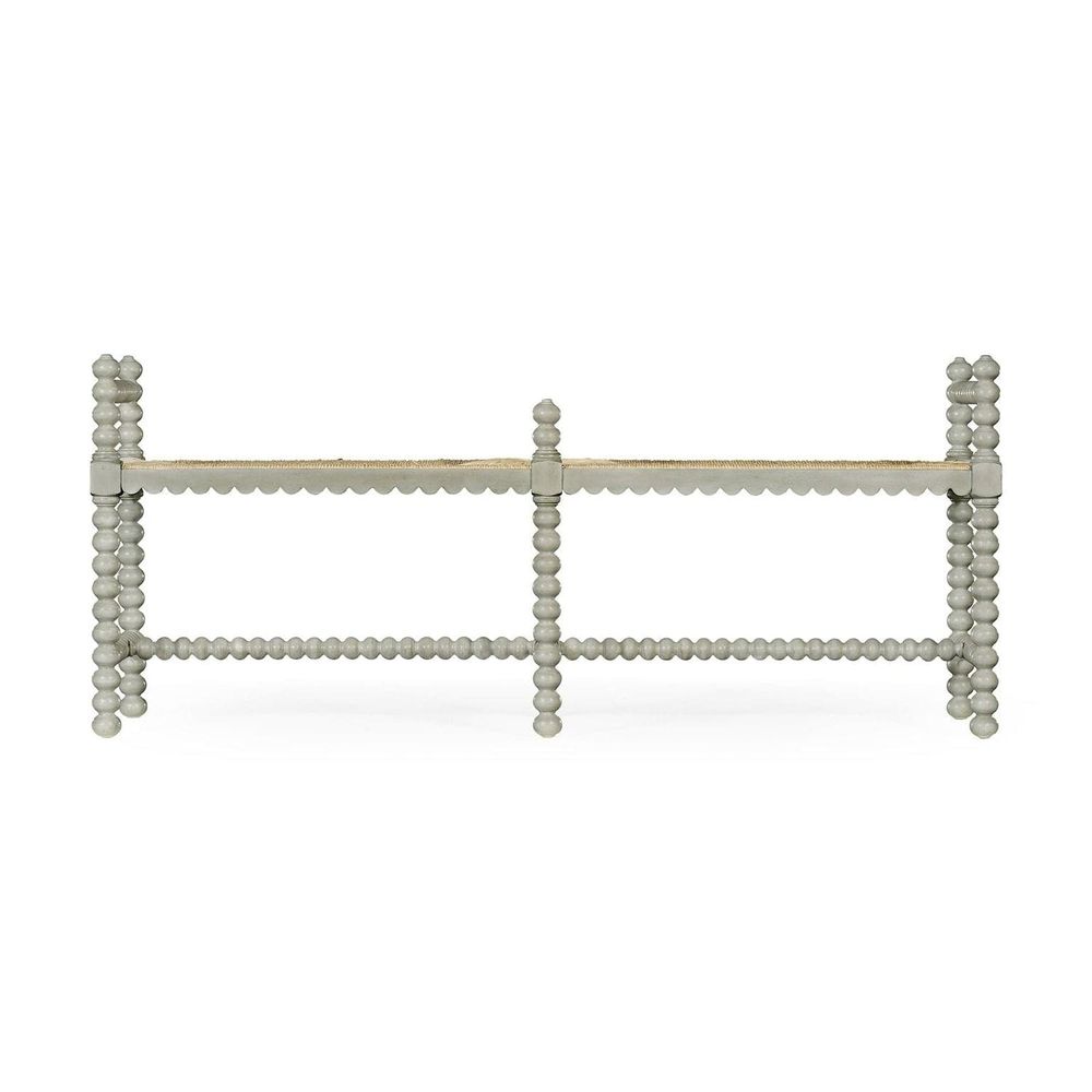 Alternate view of Bellingham Country Grey Bench, featuring painted finish, wood, woven rush, and fixed low open arms.