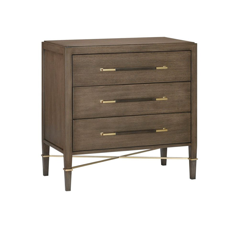Alternate view of Verona Chanterelle Chest, featuring contrasting bar pulls, wood, metal, and three full-width drawers.