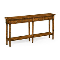 Four Drawer Console, shown in warm medium brown and honey amber with wood, metal, and four shallow drawers with round knobs.