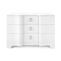 Bardot Large Drawer, shown in white with grasscloth, metal, and three storage drawers.