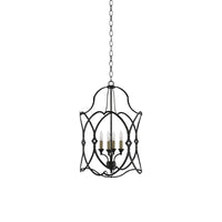 Charisma Small Black Lantern, shown in black with wrought iron, metal, and chain-hung ceiling suspension.