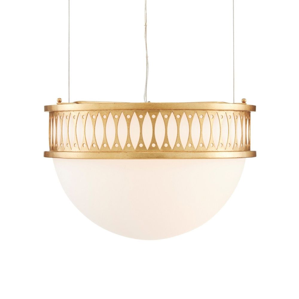 Lola Gold Pendant, shown in antique gold and warm white with wrought iron, frosted glass, and a ceiling canopy mount.