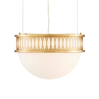 Lola Gold Pendant, shown in antique gold and warm white with wrought iron, frosted glass, and a ceiling canopy mount.