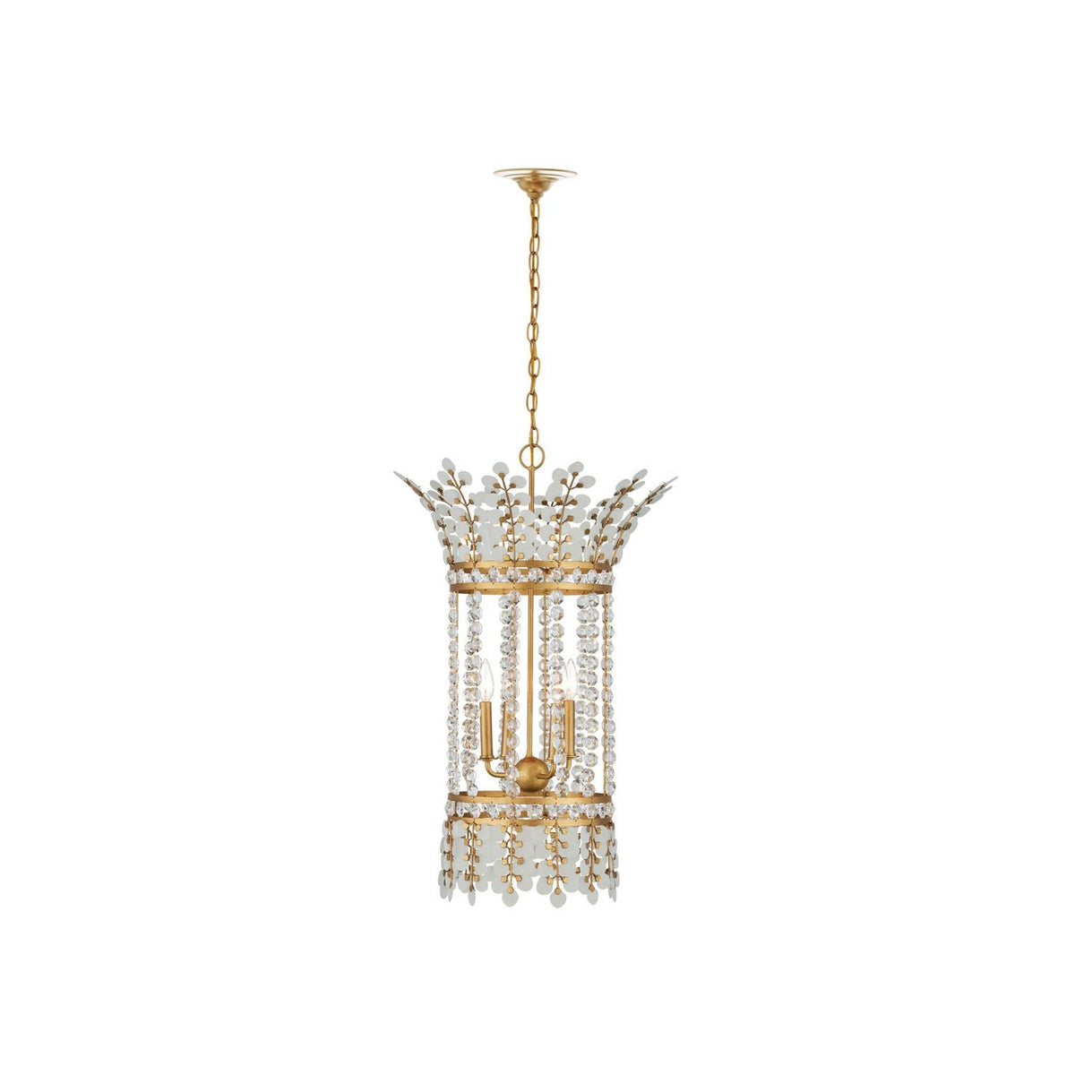 Bradshaw Lantern, shown in warm gold and clear crystal with wrought iron, crystal, and a chain-hung ceiling canopy.