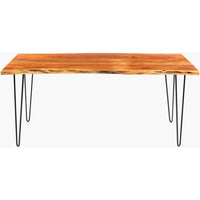Bergen Dining Table, shown in warm amber-brown and black with acacia wood, iron, and a live-edge slab top.