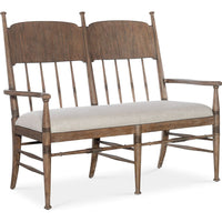 Additional view of Americana Dining Bench in medium brown wood and light beige, featuring fixed arms.