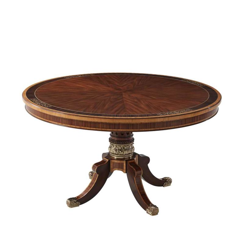 Trenton Dining Table, shown in rich mahogany brown and warm amber wood with wood and brass or gilt metal.