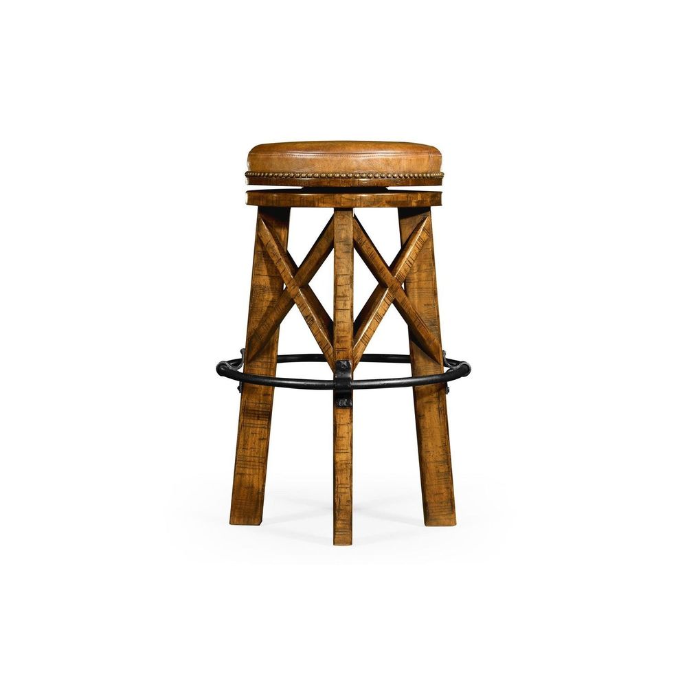 Alternate view of Casual Bar Stool, featuring nailhead trim finish, leather, wood, and a swivel seat.