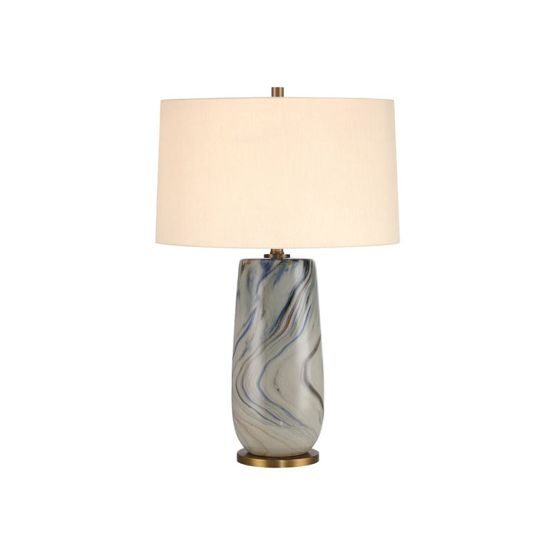 Rivulet Table Lamp, shown in cream and ivory with ceramic, fabric, and a drum shade.